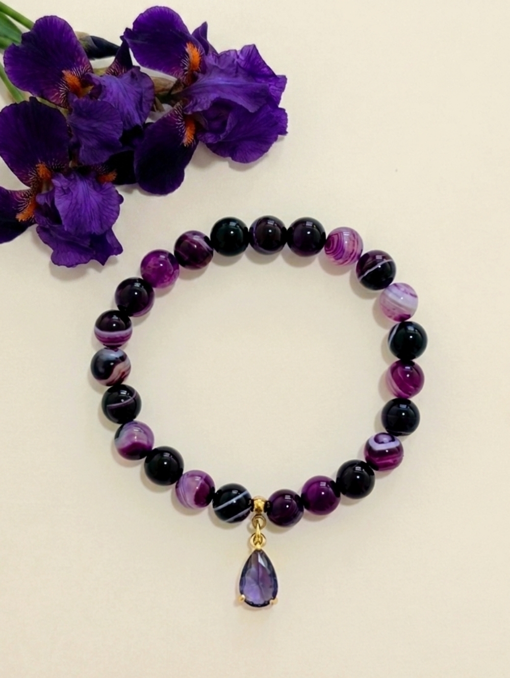 Striped Agate Bracelet With  Charm